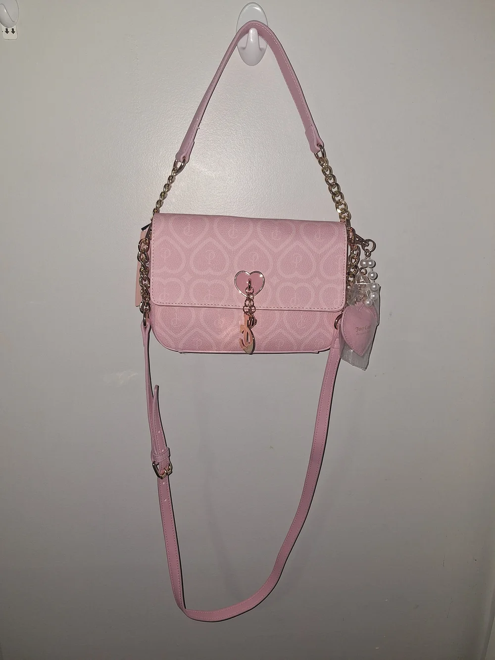 Juicy Couture Pink Heart-Pattern Crossbody Bag Or Shoulder Bag with Gold Accents